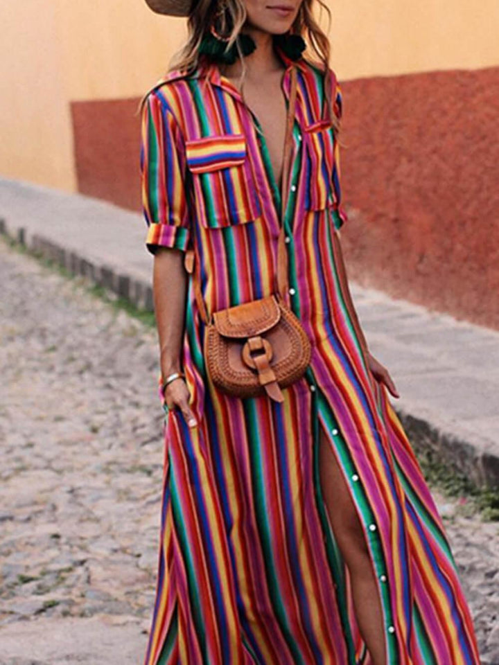 Nancy | Casual Striped Printed Shirt Maxi Skirt