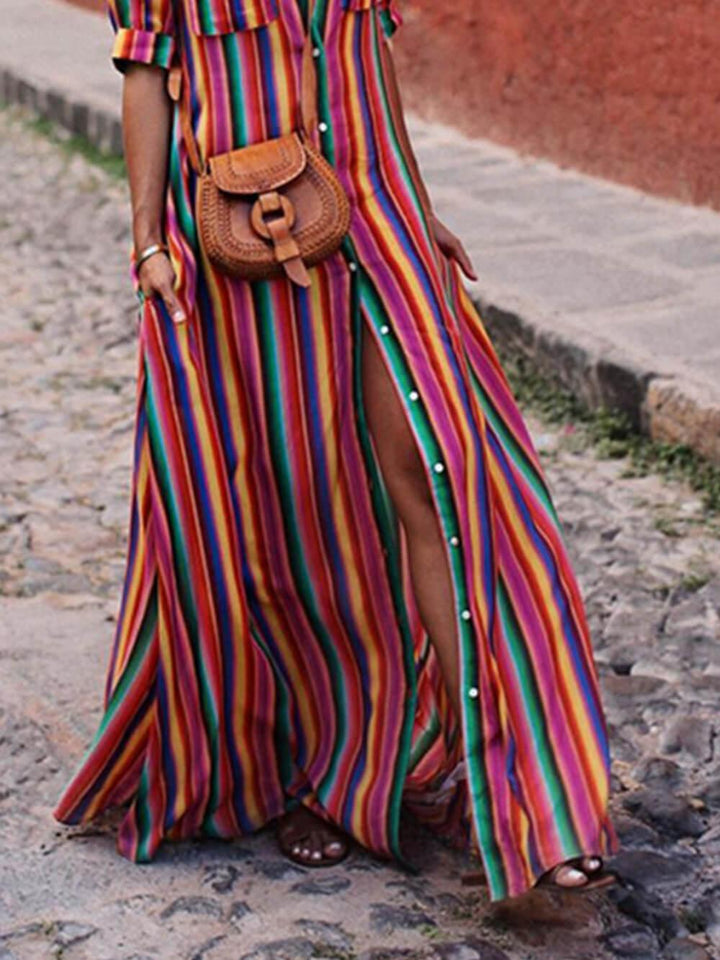 Nancy | Casual Striped Printed Shirt Maxi Skirt