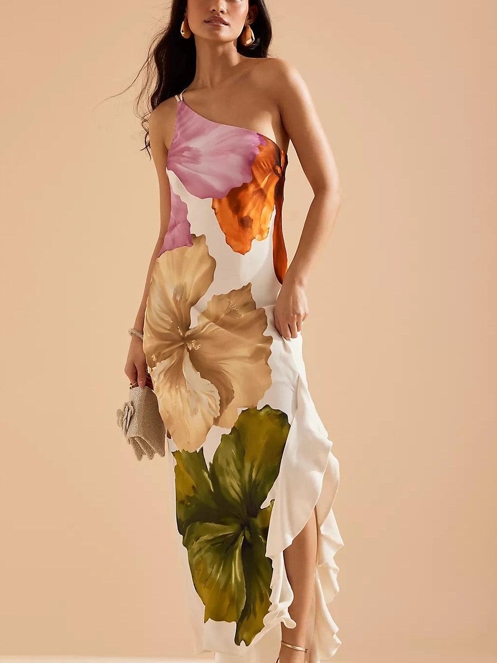 Kira | Elegant Floral Print One-shoulder Maxi Dress