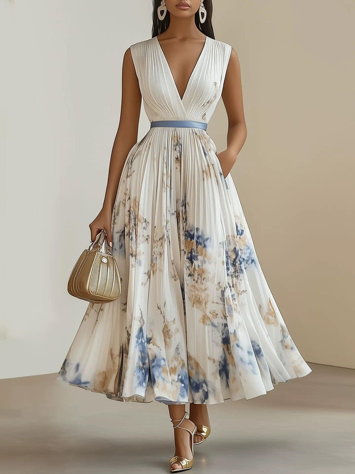 Chloe | White Chiffon V-Neck Pleated Midi Dress