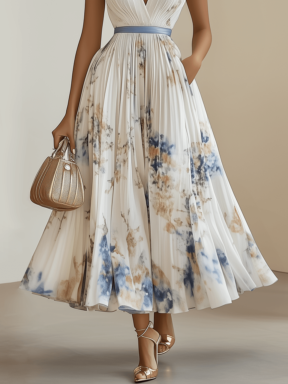 Chloe | White Chiffon V-Neck Pleated Midi Dress