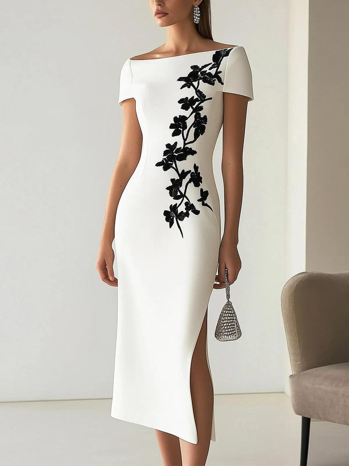 Audrey | Chic Floral Print Boat Neck Midi Dress