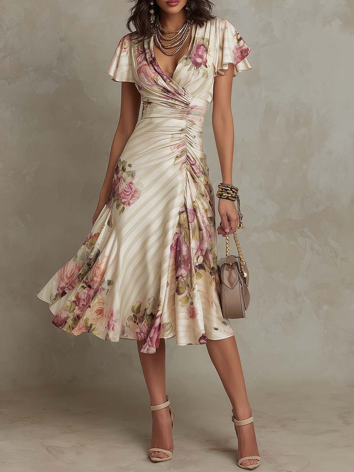 Margaret | Floral Satin Midi Dress