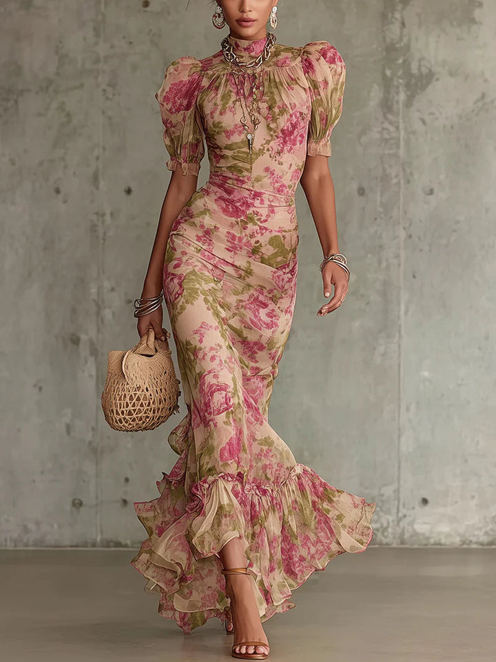 Mae | Rose Print Puff Sleeve Maxi Dress