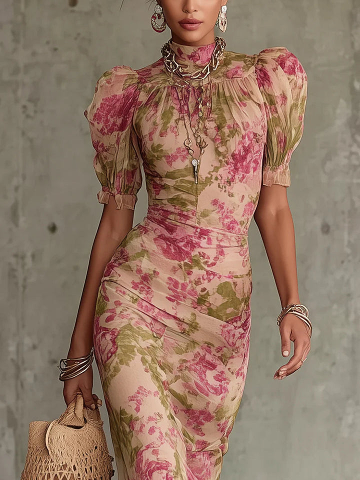 Mae | Rose Print Puff Sleeve Maxi Dress