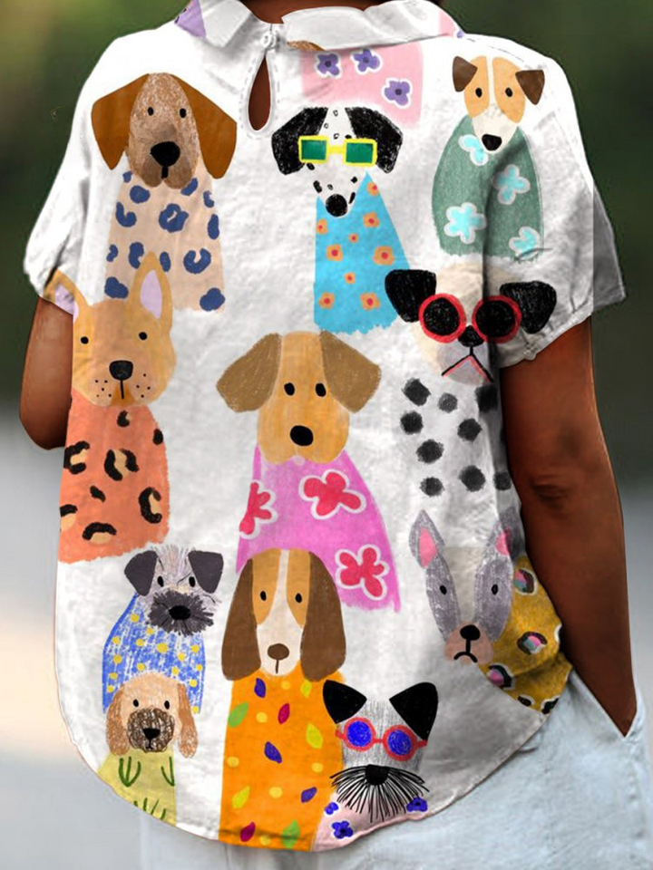 Beatrice | Women's Dog-Print Pointed-Collar Short-Sleeve Relaxed Blouse