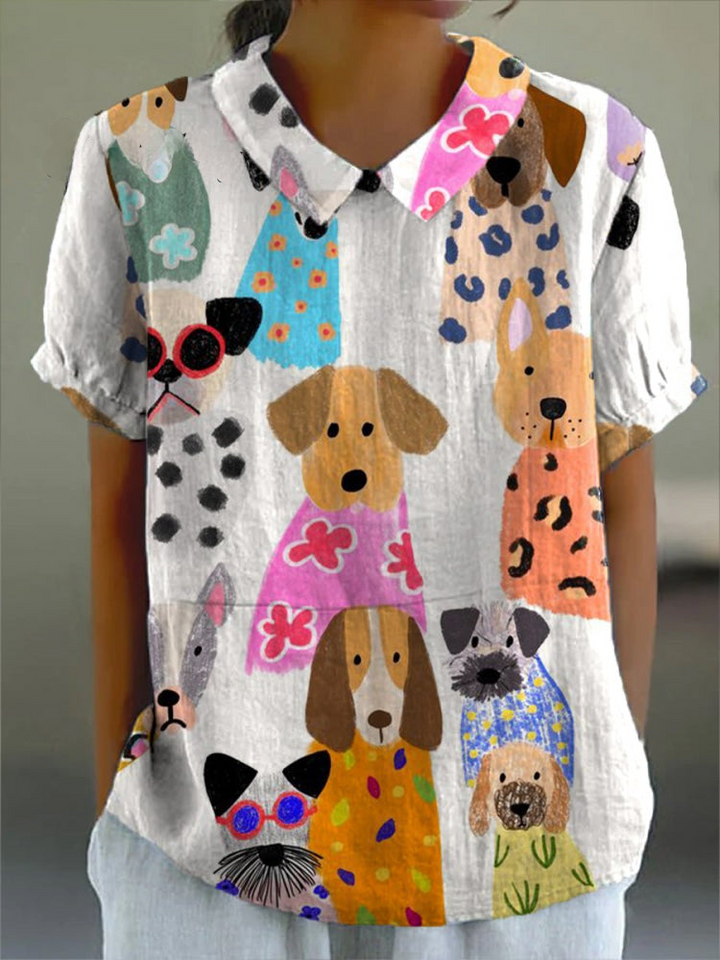 Beatrice | Women's Dog-Print Pointed-Collar Short-Sleeve Relaxed Blouse