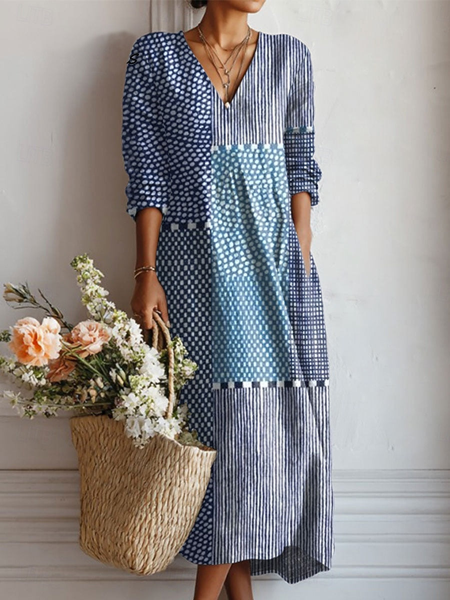 Nadia | Women's Patchwork-Print V-Neck 3/4-Sleeve A-Line Maxi