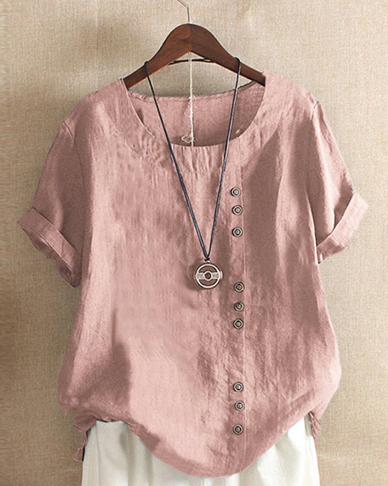 Nadine | Women's Button-Detail Round-Neck Short-Sleeve Relaxed Blouse