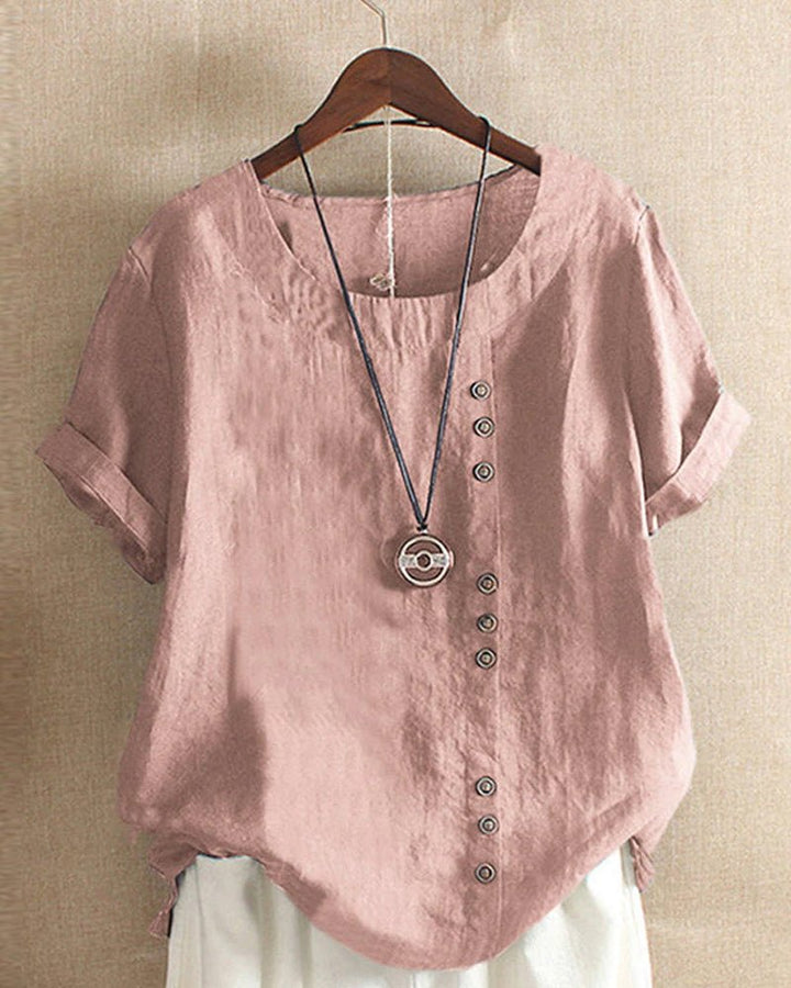 Nadine | Women's Button-Detail Round-Neck Short-Sleeve Relaxed Blouse