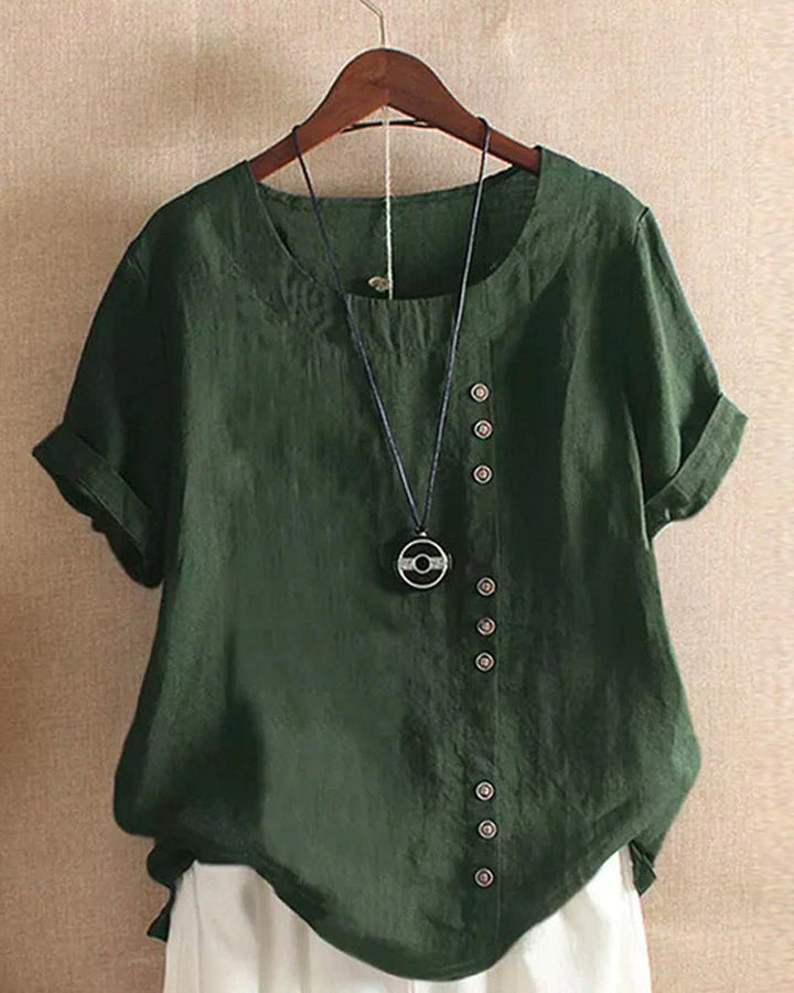 Nadine | Women's Button-Detail Round-Neck Short-Sleeve Relaxed Blouse