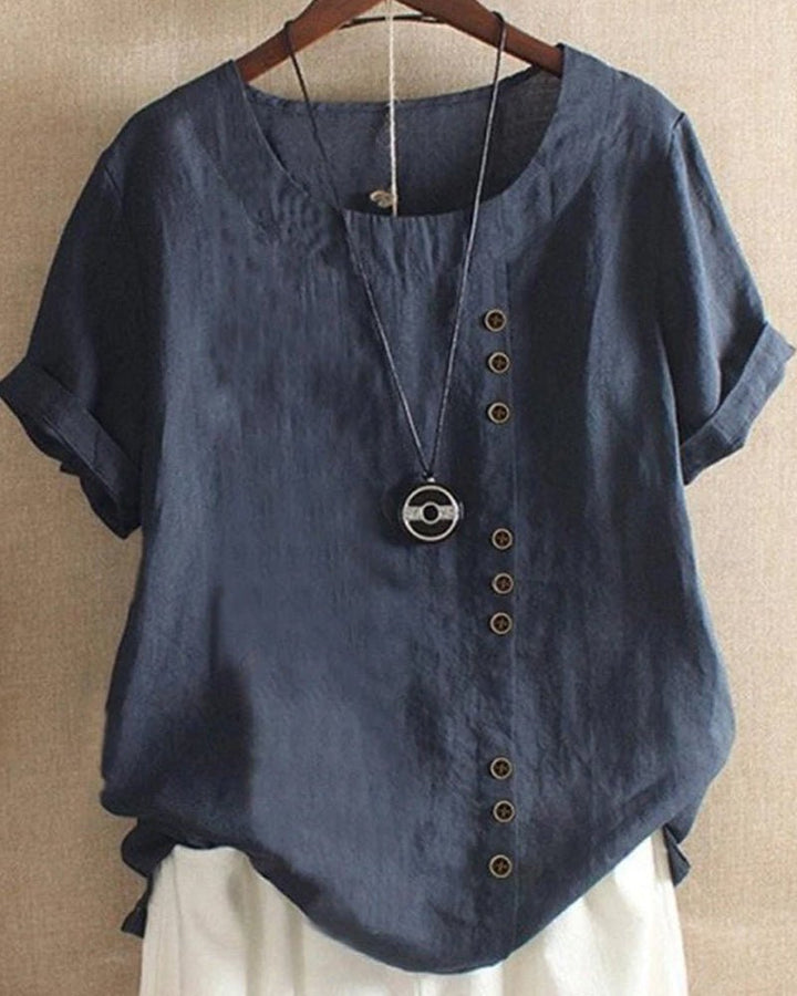 Nadine | Women's Button-Detail Round-Neck Short-Sleeve Relaxed Blouse