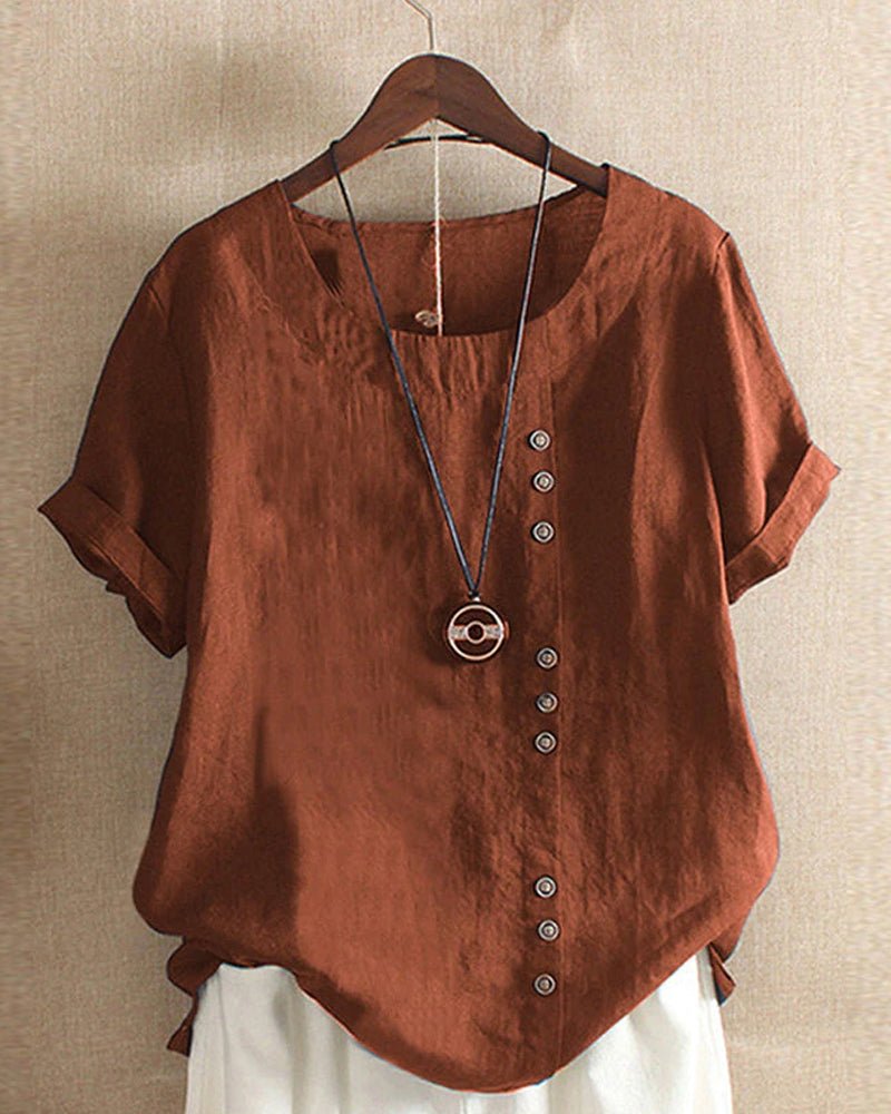 Nadine | Women's Button-Detail Round-Neck Short-Sleeve Relaxed Blouse
