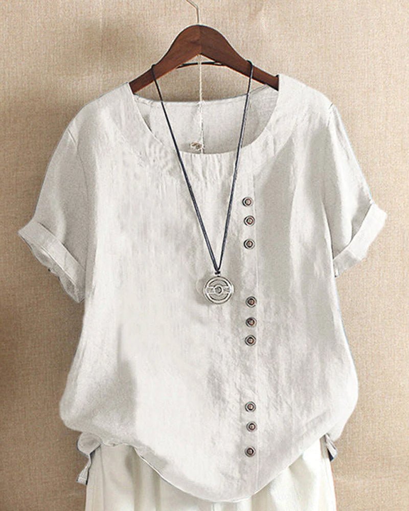 Nadine | Women's Button-Detail Round-Neck Short-Sleeve Relaxed Blouse