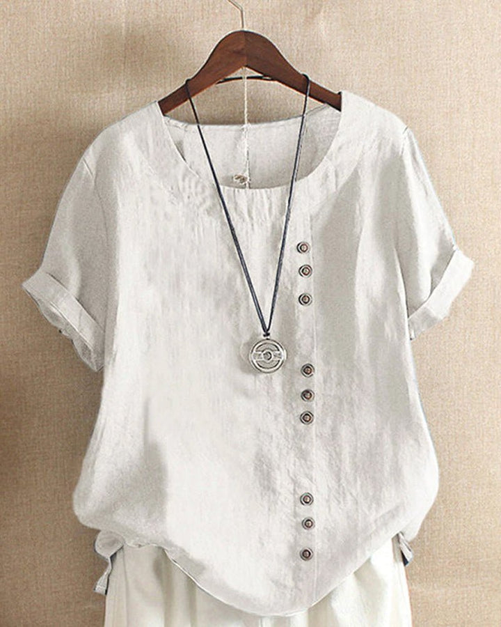 Nadine | Women's Button-Detail Round-Neck Short-Sleeve Relaxed Blouse