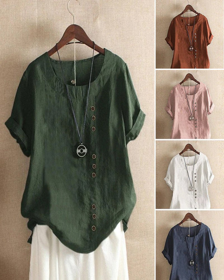 Nadine | Women's Button-Detail Round-Neck Short-Sleeve Relaxed Blouse