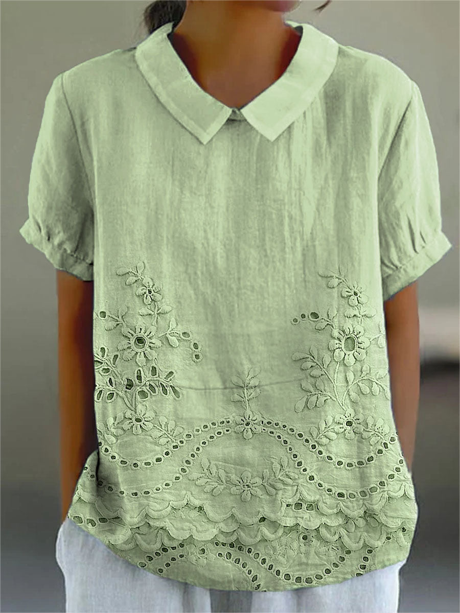 Adeline | Women's Embroidered Pointed-Collar Short-Sleeve Relaxed Blouse