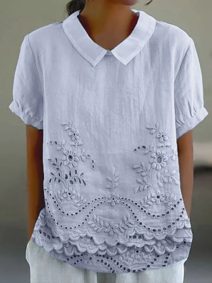 Adeline | Women's Embroidered Pointed-Collar Short-Sleeve Relaxed Blouse