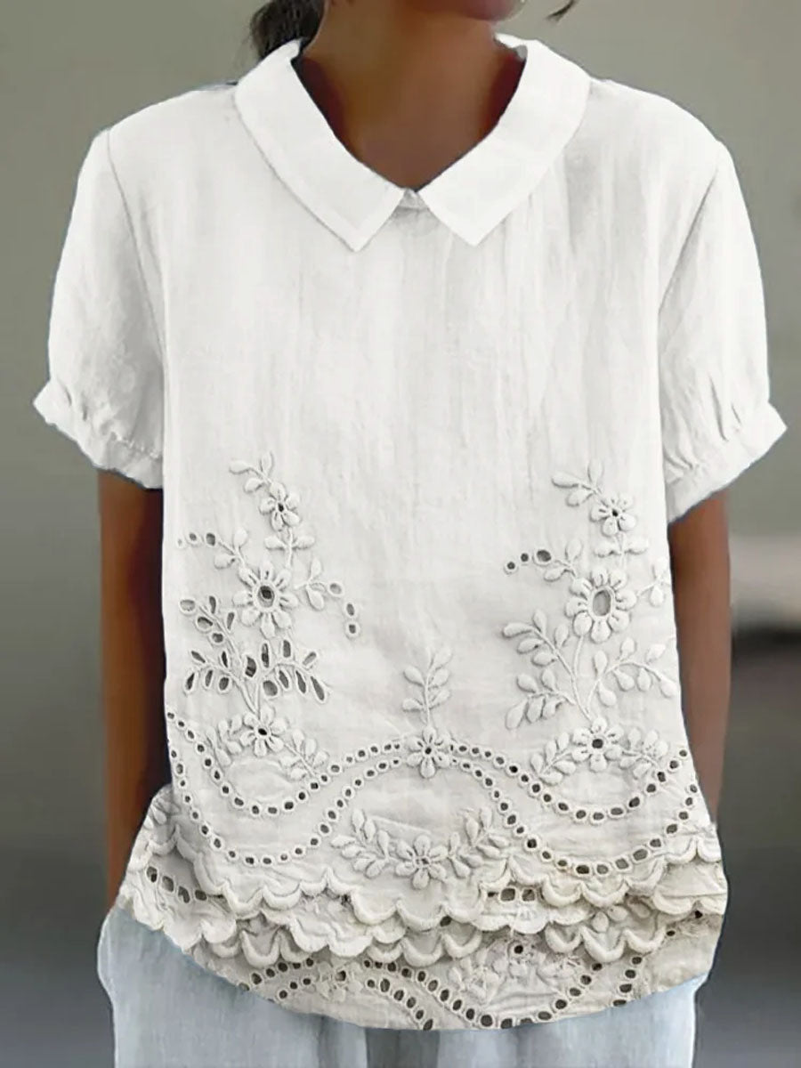 Adeline | Women's Embroidered Pointed-Collar Short-Sleeve Relaxed Blouse