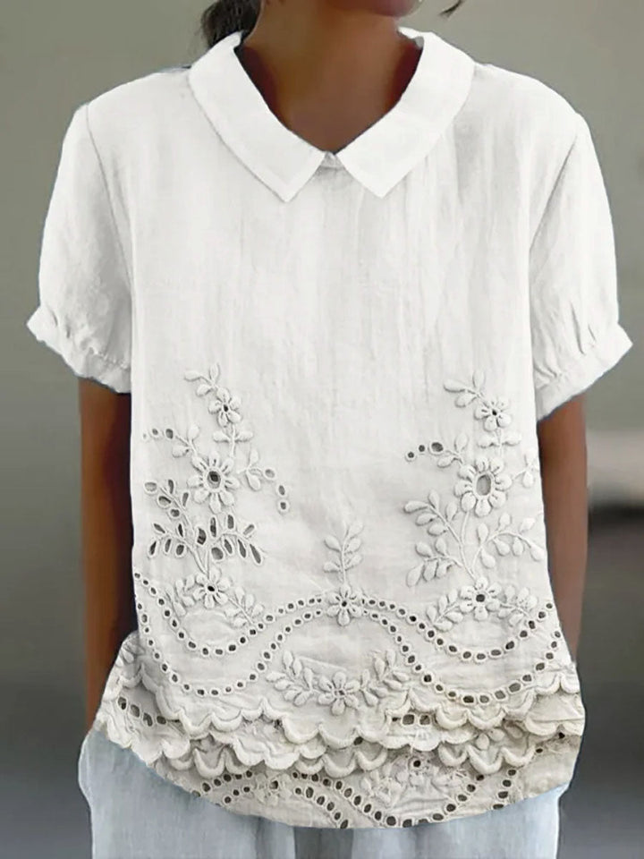Adeline | Women's Embroidered Pointed-Collar Short-Sleeve Relaxed Blouse