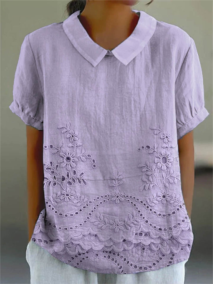 Adeline | Women's Embroidered Pointed-Collar Short-Sleeve Relaxed Blouse