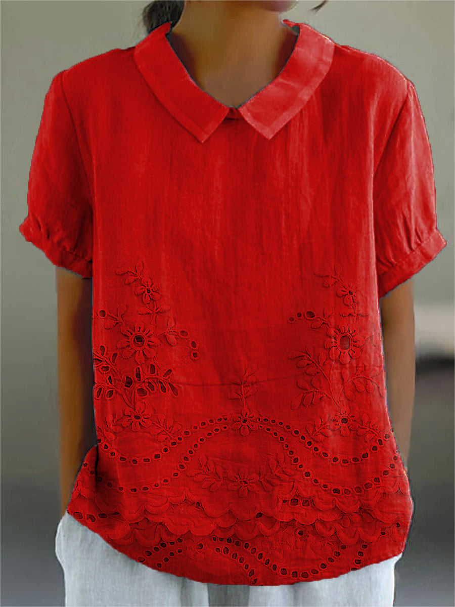 Adeline | Women's Embroidered Pointed-Collar Short-Sleeve Relaxed Blouse