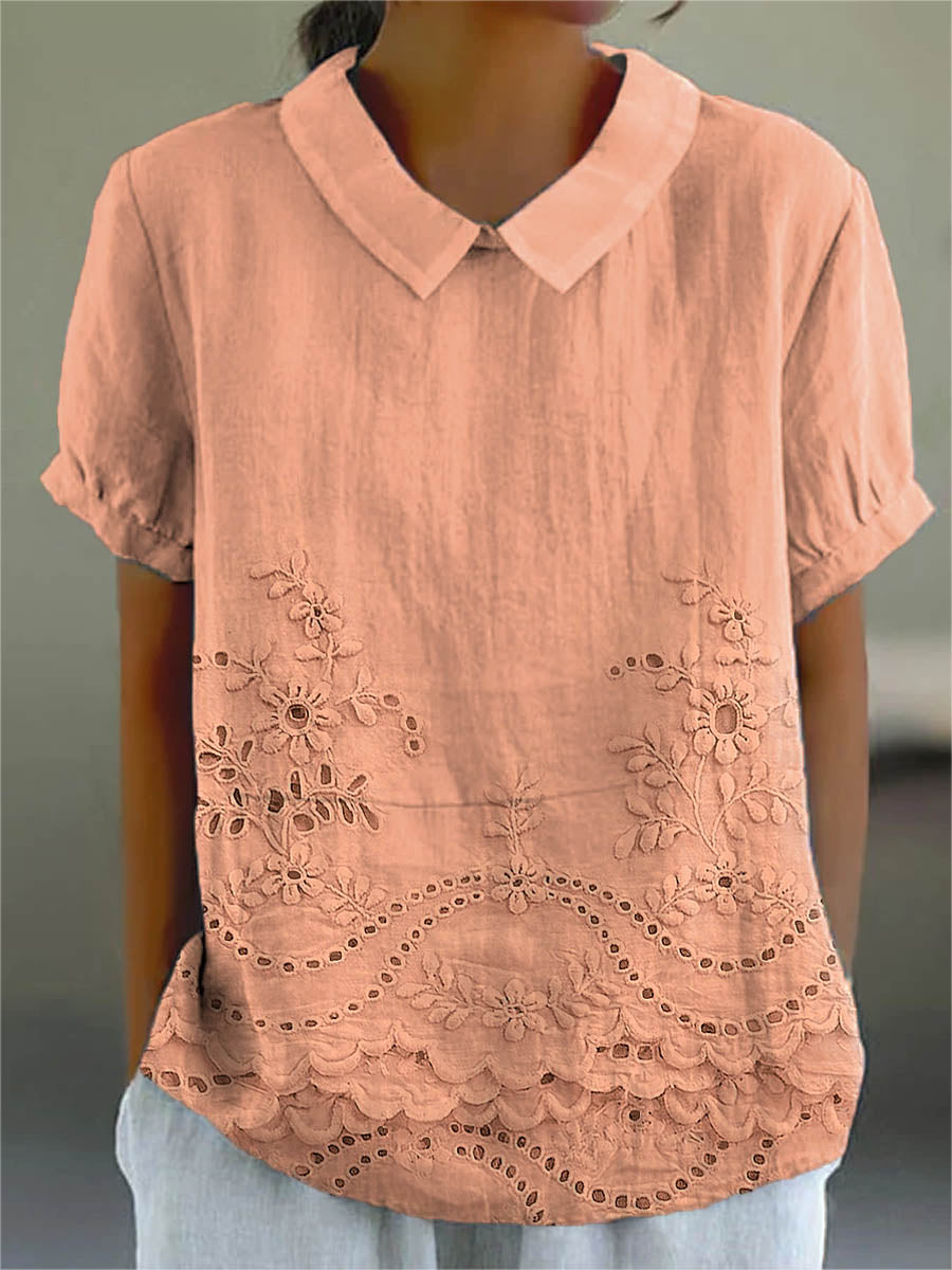 Adeline | Women's Embroidered Pointed-Collar Short-Sleeve Relaxed Blouse