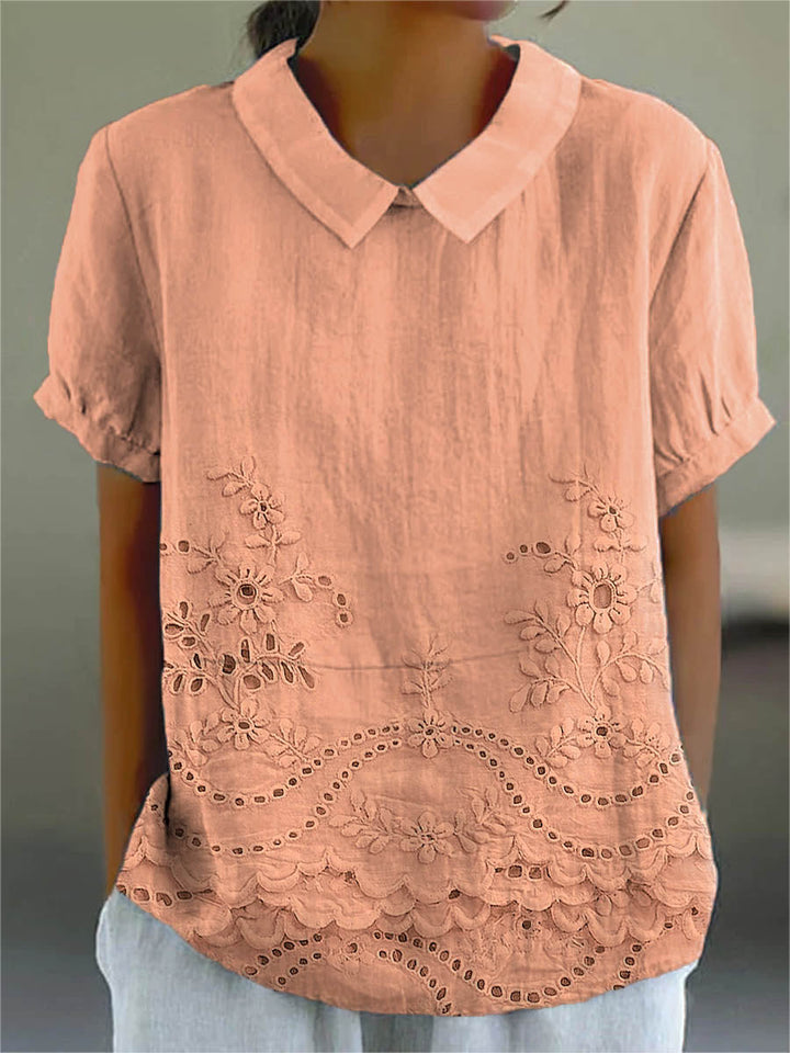 Adeline | Women's Embroidered Pointed-Collar Short-Sleeve Relaxed Blouse