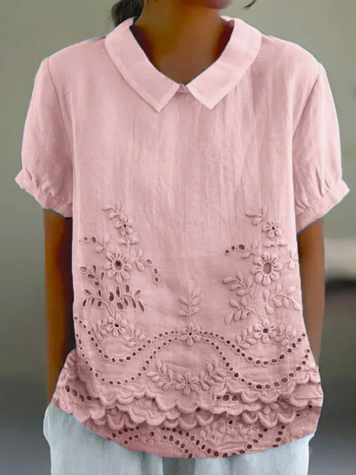 Adeline | Women's Embroidered Pointed-Collar Short-Sleeve Relaxed Blouse