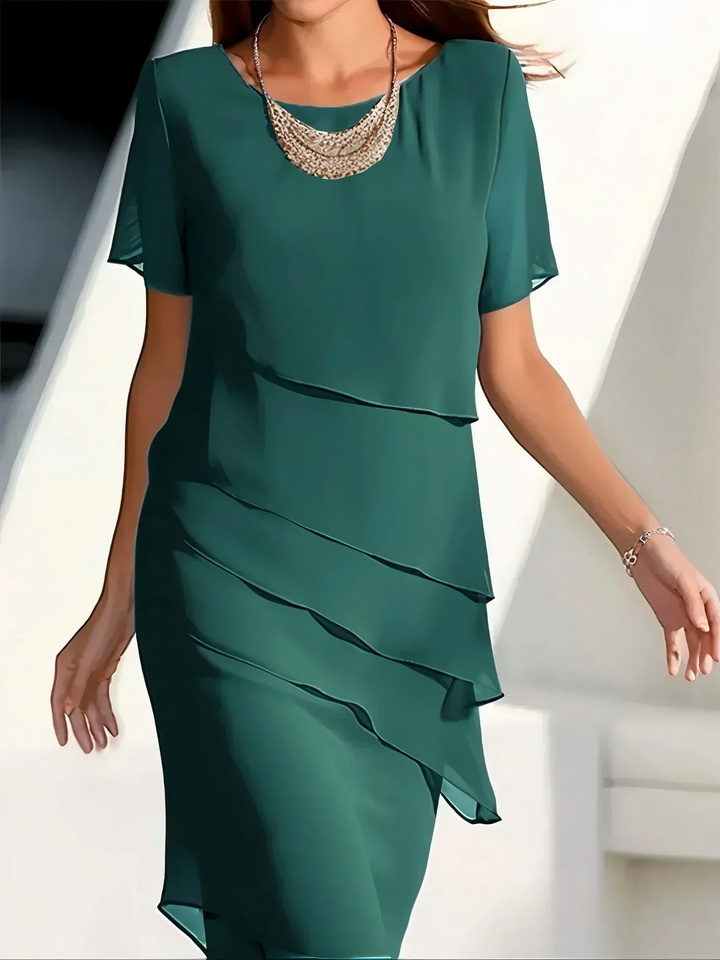 Vivienne | Women's Layered Scoop-Neck Short-Sleeve Midi Cocktail Dress