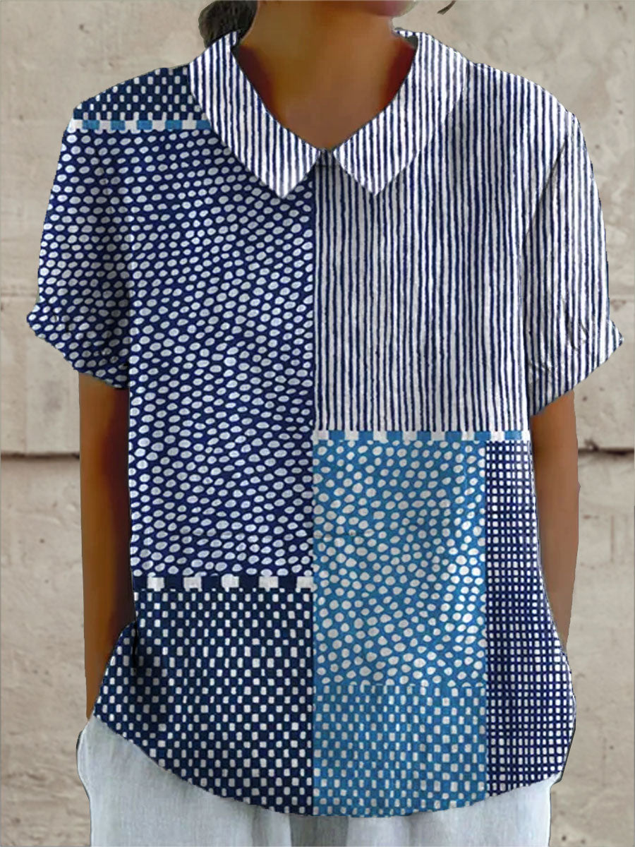 Beatrice | Women's Patchwork-Print Collared Short-Sleeve Relaxed Blouse