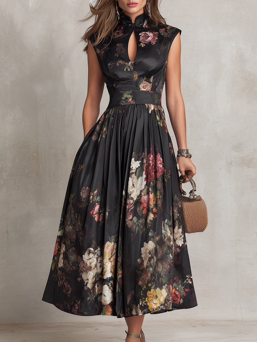 Patricia | Black Floral Satin Midi Dress
