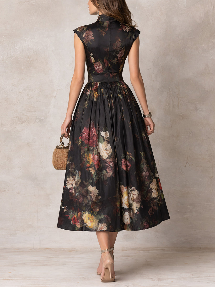 Patricia | Black Floral Satin Midi Dress