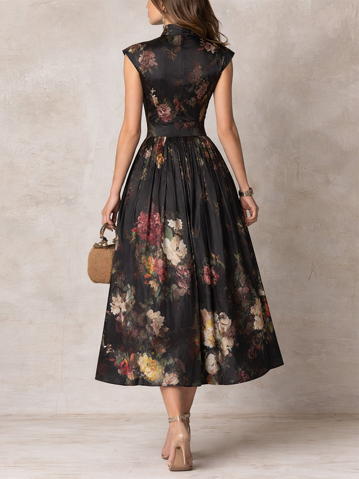 Patricia | Black Floral Satin Midi Dress