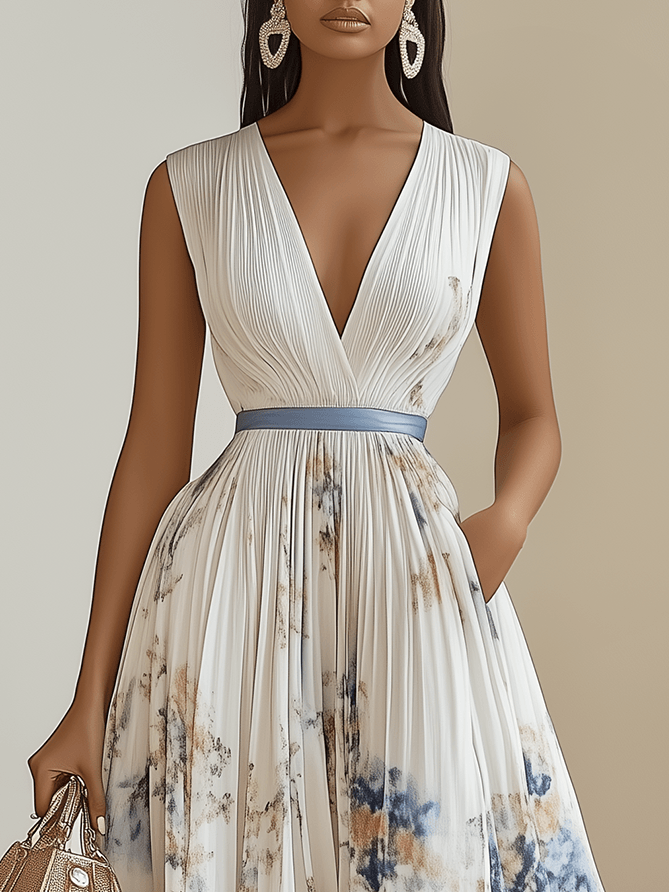 Chloe | White Chiffon V-Neck Pleated Midi Dress
