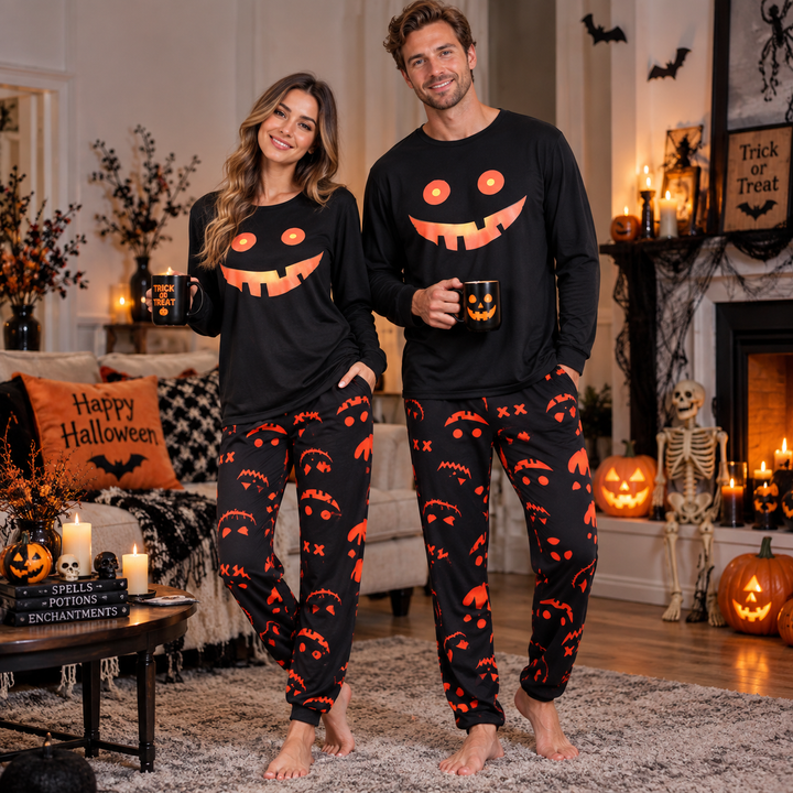 Couple wearing matching black Halloween pajama sets with pumpkin-grin print in cozy living room
