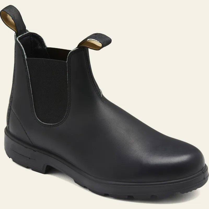 Black leather Chelsea boot featuring elastic gussets and rounded toe