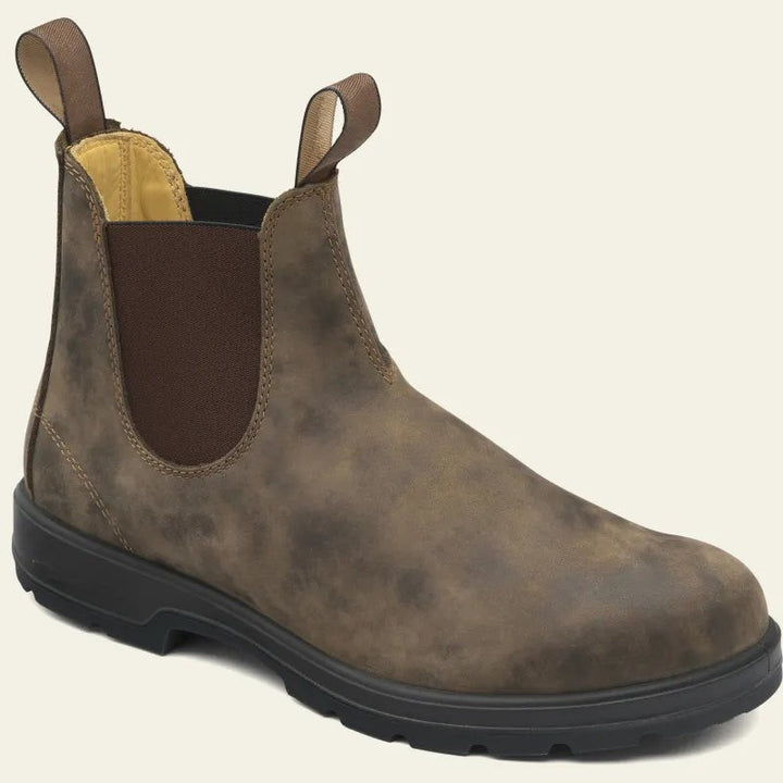 Rustic brown leather Chelsea boot with distressed finish and pull tabs