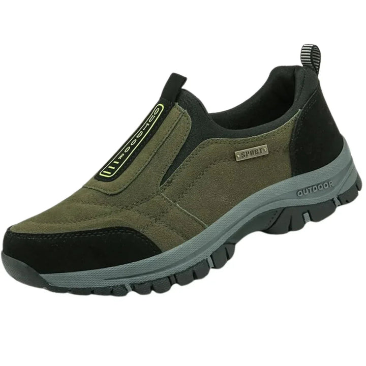 Olive green suede slip-on outdoor shoe with rugged rubber sole