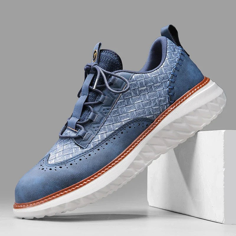 Blue leather woven sneaker with brogue detailing and white chunky sole