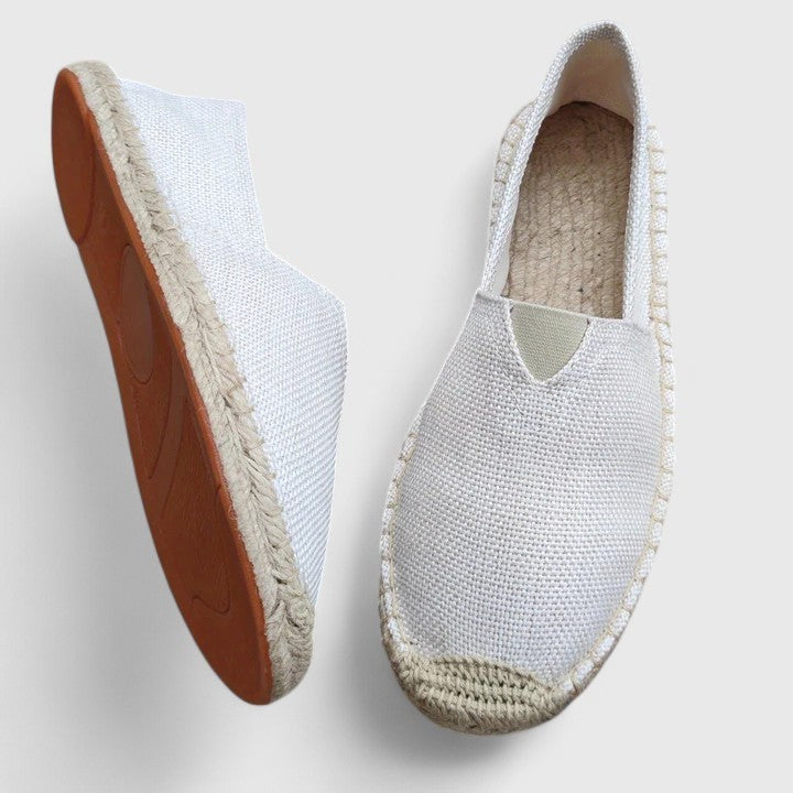 white canvas espadrilles with jute braided sole, top and side view