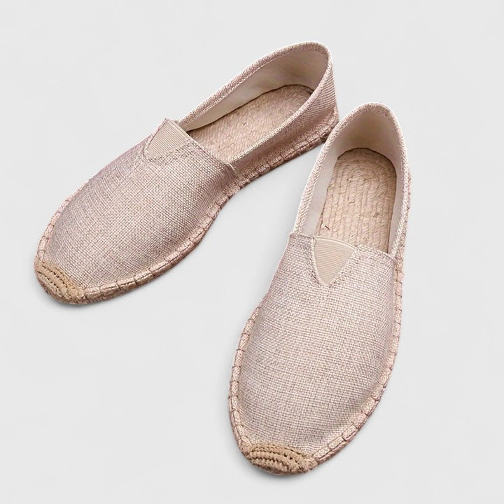 beige linen slip-on espadrilles with woven jute trim