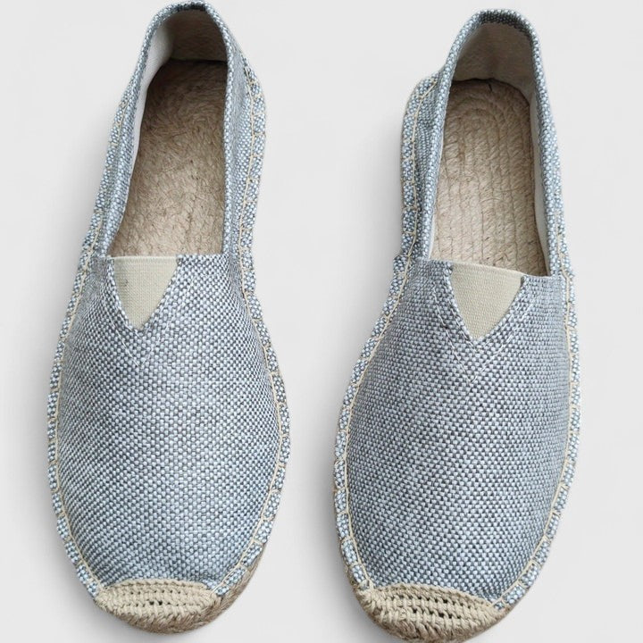 light blue woven espadrilles with jute toe cap detail