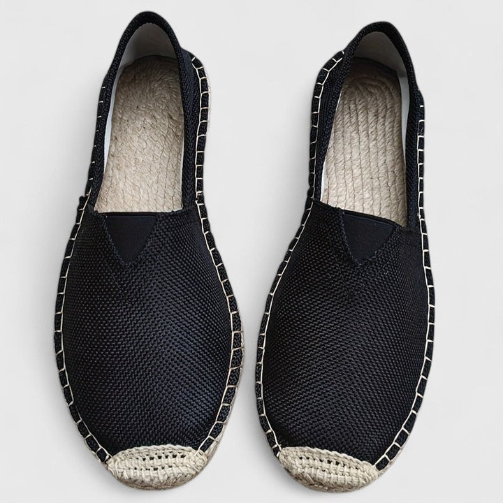 navy knit espadrilles with contrast stitching and woven trim