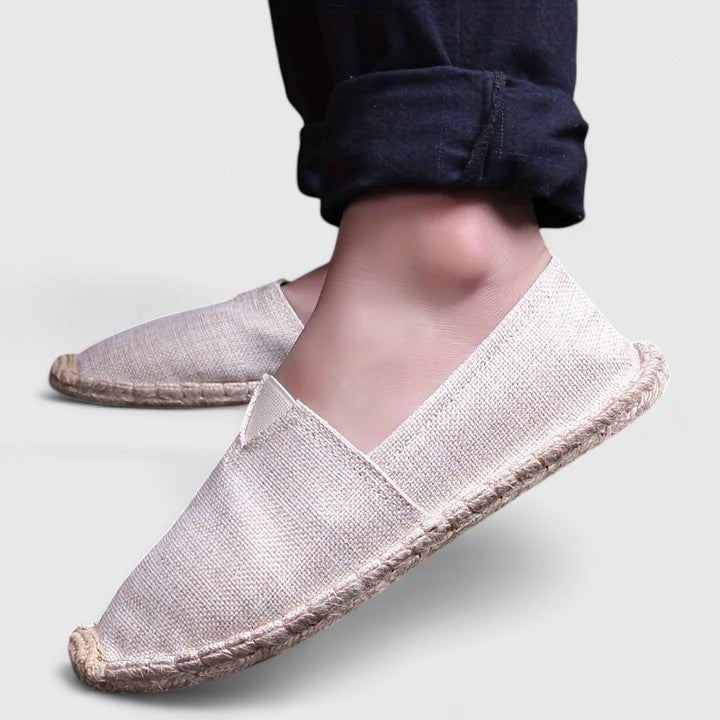 beige linen espadrilles worn on foot with jute sole
