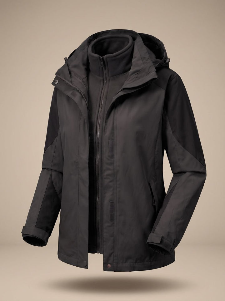 Black colour-block 3-in-1 hooded jacket displayed open with matching fleece inner