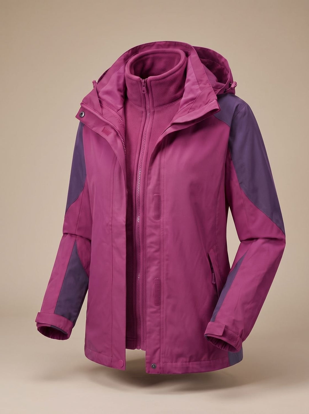Magenta and purple colour-block 3-in-1 hooded jacket displayed with zip-in fleece