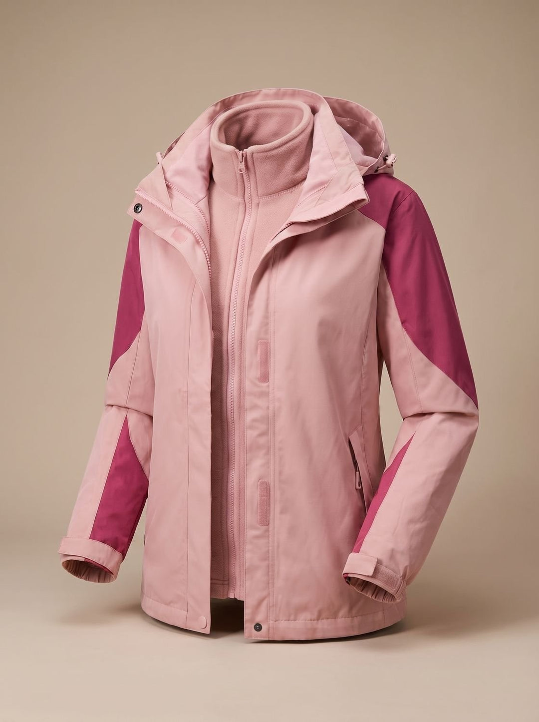 Blush pink 3-in-1 softshell jacket displayed open, revealing detachable fleece liner