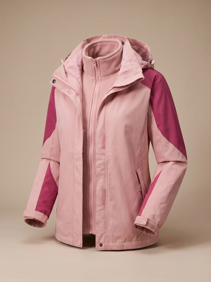 Blush pink 3-in-1 softshell jacket displayed open, revealing detachable fleece liner