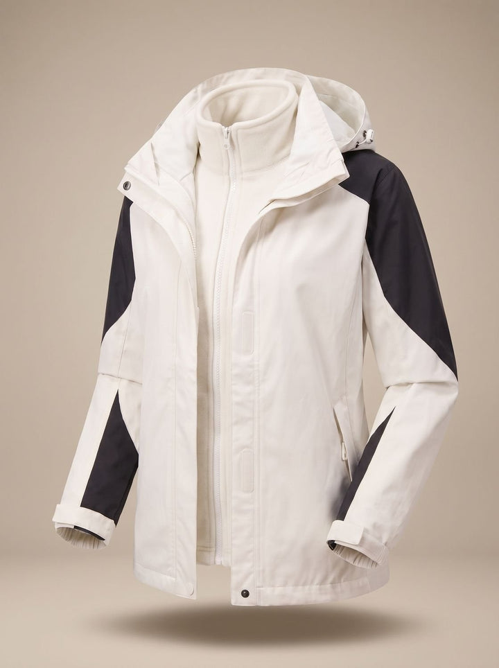 Ivory and black colour-block 3-in-1 jacket shown open with zip-in fleece layer
